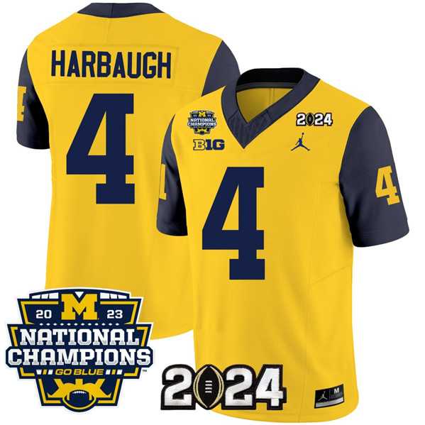 Mens Michigan Wolverines #4 Jim Harbaugh Yellow Navy 2024 F.U.S.E. With 2023 National Champions Patch Stitched Jersey->->NCAA Jersey